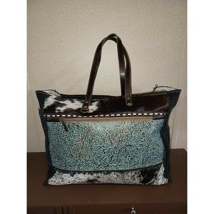 Sea Grass Weekender Tote Canvas & Cowhide Duffle Travel Bag